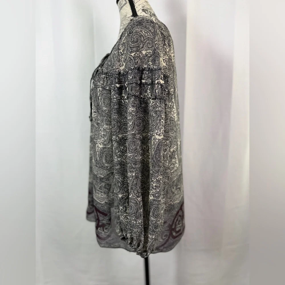 Max Edition Paisley Sheer Balloon Sleeve Boho Blouse Black Cream Red M